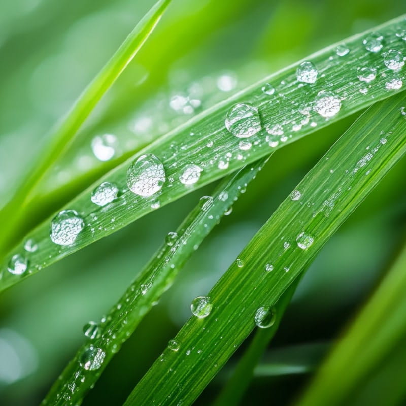 Drops of dew on the green leaves of a plant