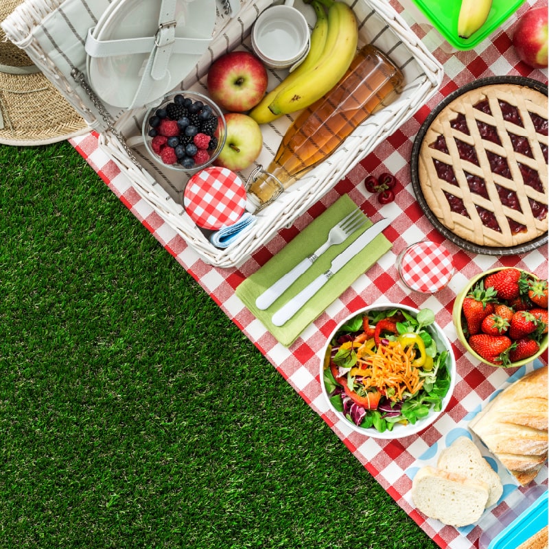 A picnic basket with fruit, a pie and a salad laid out on a red and white blanket on a summer day